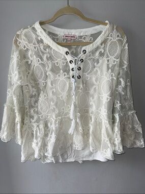 White Fairy Lace Peasant Tunic with Tassel Tie